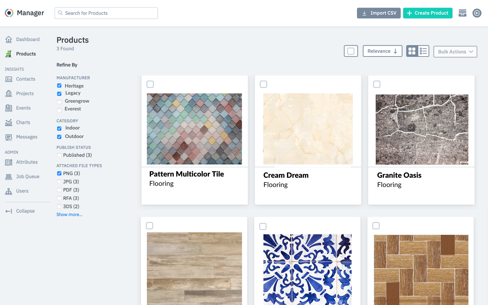 Product catalog with filters for manufacturer, category, and file types