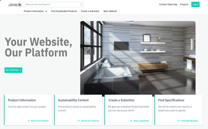 Archbase Spec platform screenshot with product information, sustainability, submittal, and specifications cards