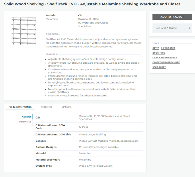 Product detail page with specifications, BIM data, and downloadable resources